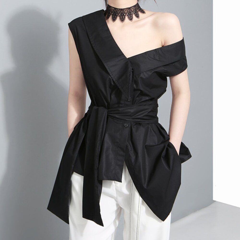 Black Asymmetric Off-Shoulder Wrap Top